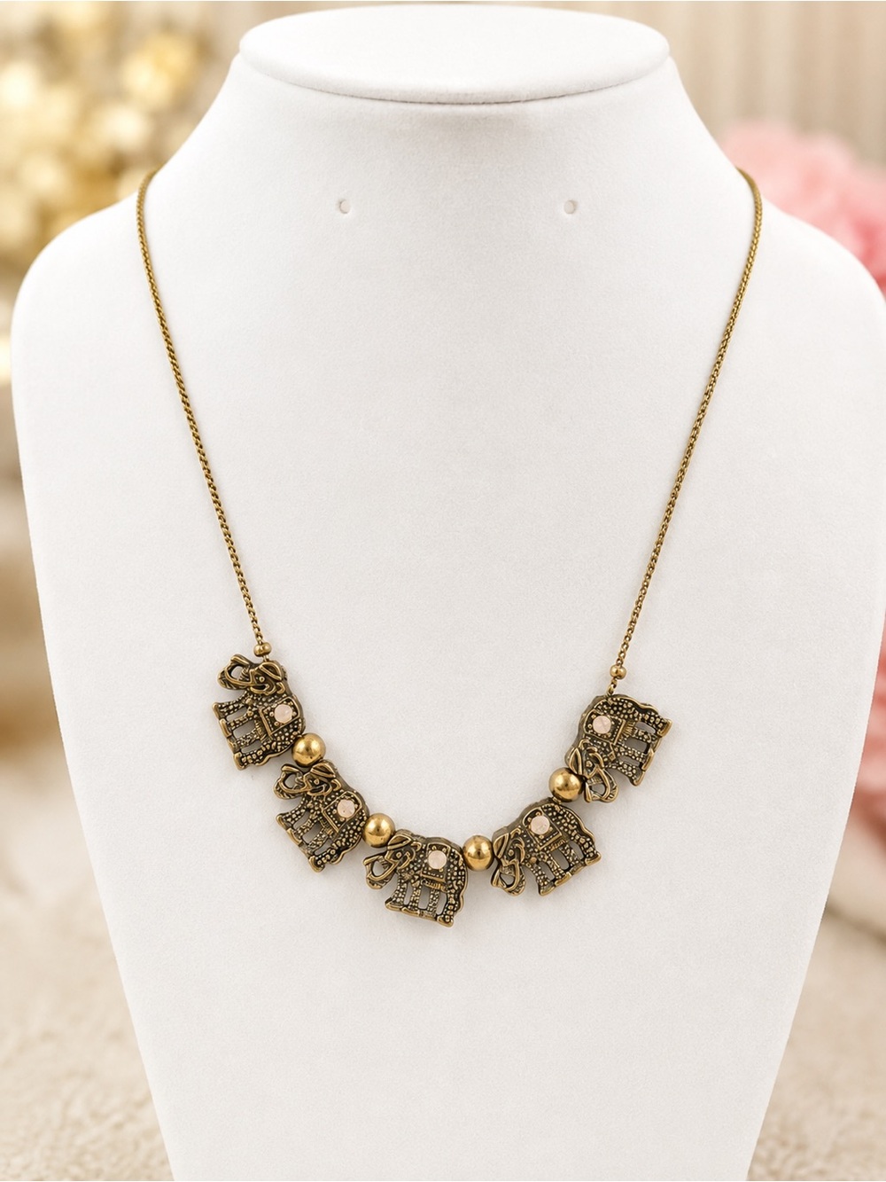 Gold-Tone Elephant Charm Necklace - Elegant Beaded Detail 18-20”